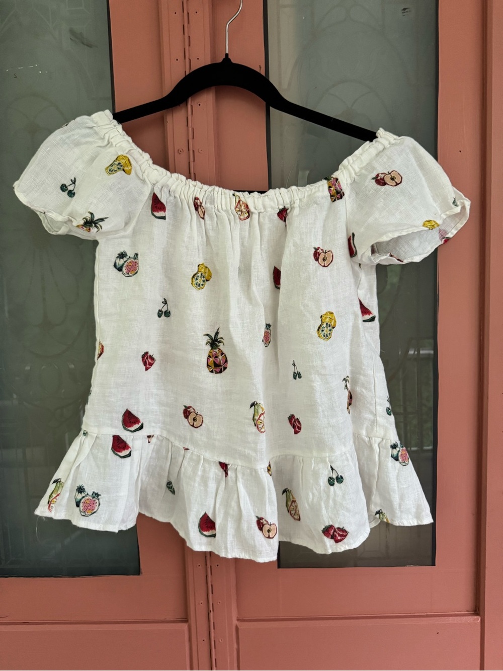 Zara White Off-Shoulder Top with Colorful Fruit Print